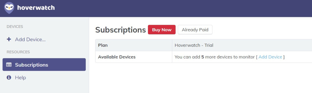 Hoverwatch Free Trial plan details on dashboard